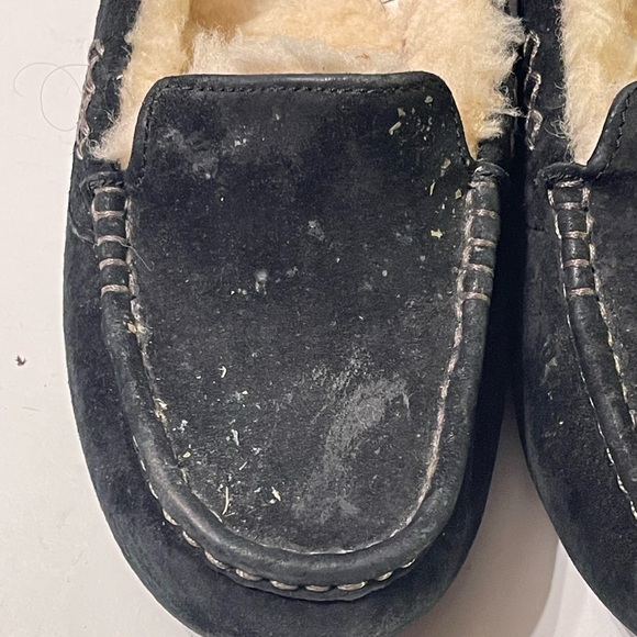 UGG Ansley 7 Black Suede Moccasin Slippers Shearling Fur Lined Lounge Shoe - Picture 2 of 10